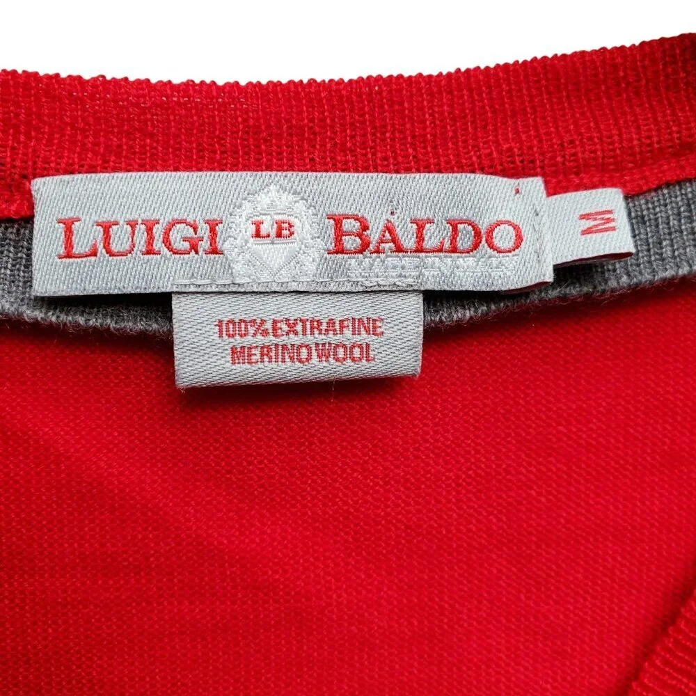 Luigi Baldo V Neck 100% Extra Fine Merino Wool Red Sweater Size M